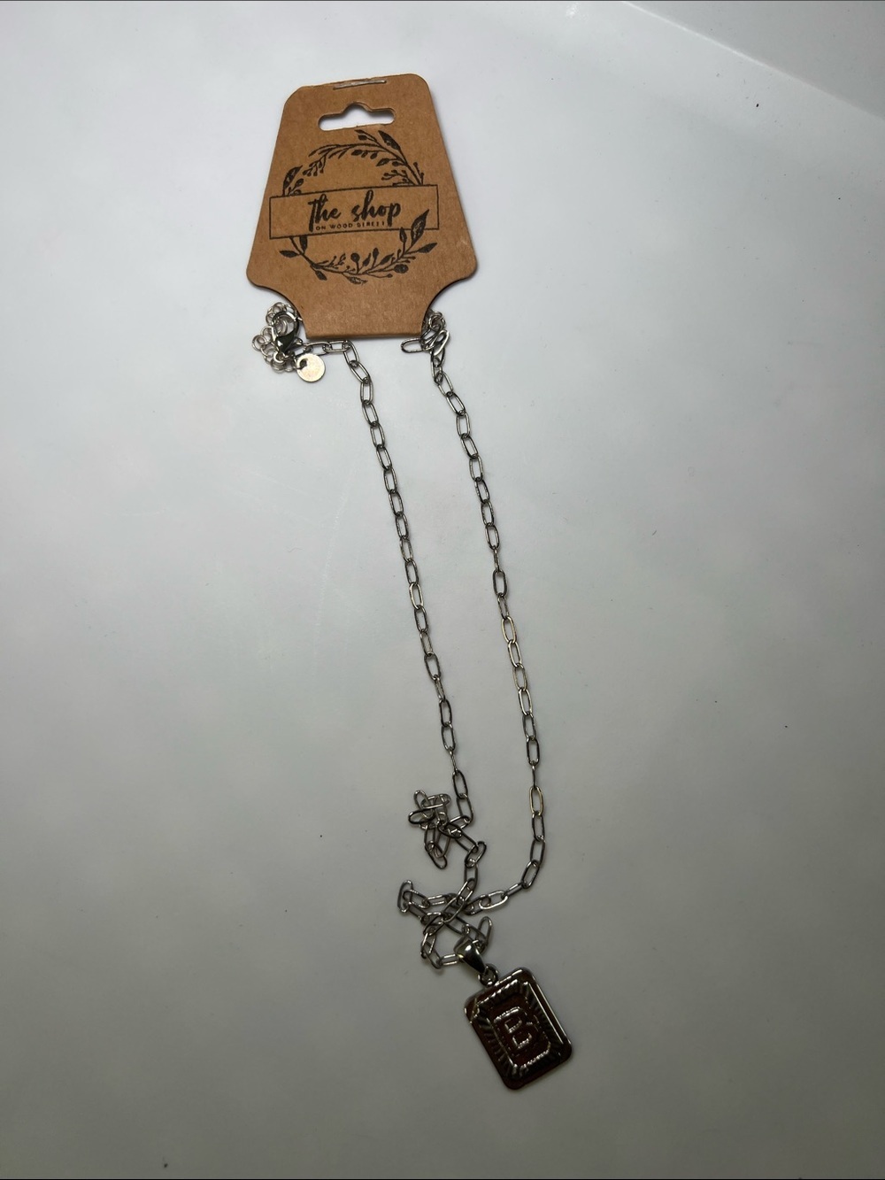Silver Chain Necklace with Rectangular Pendant Initial “B”